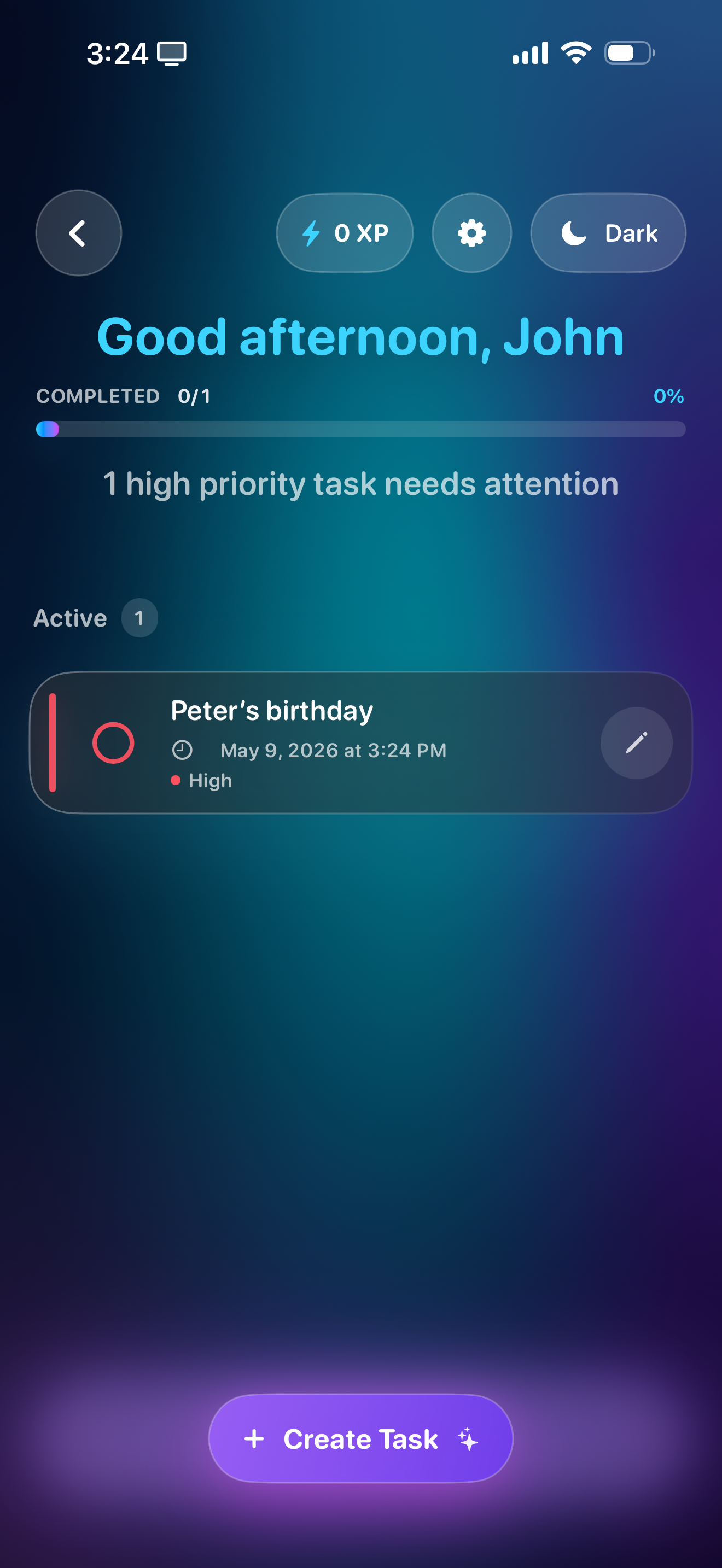 Liquid Tasks dark mode — Peter's birthday task